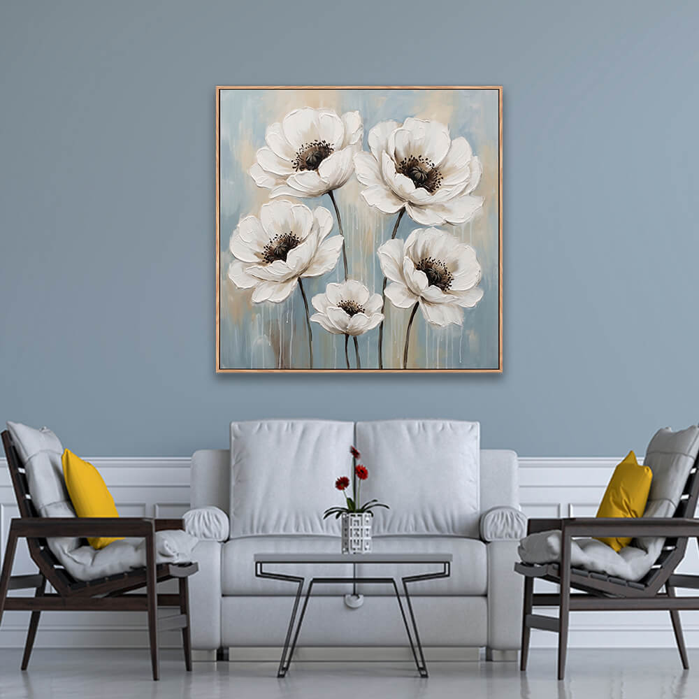 White poppy flowers textured painting on blue wall in traditional living room interior