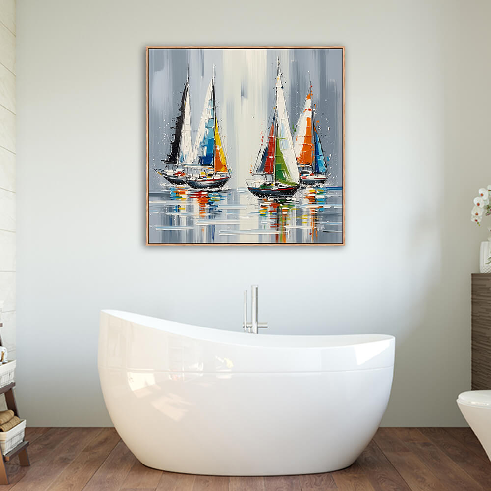 Colorful sailing regatta seascape canvas mounted above freestanding white oval bathtub in warm wood nautical bathroom