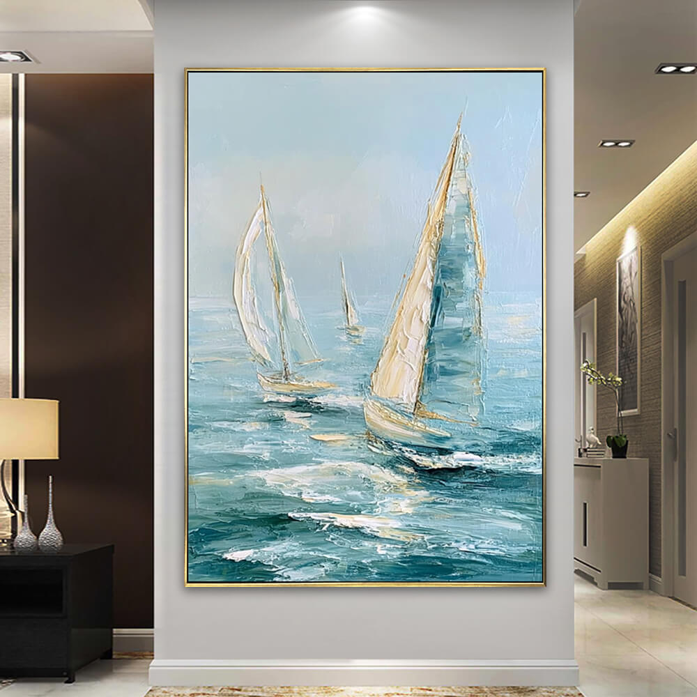 Large vertical hand painted impasto sailboat seascape canvas, teal ocean waves nautical wall art mounted on neutral foyer wall, modern luxury coastal interior