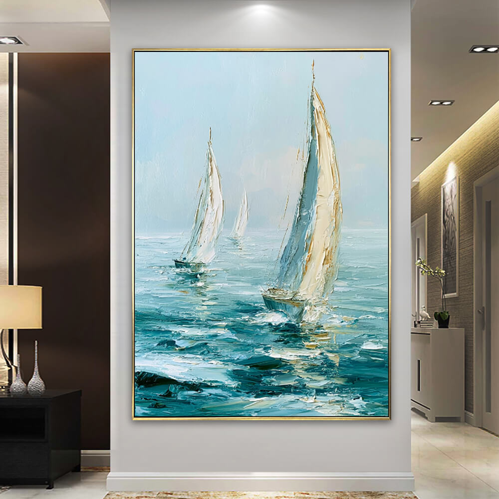 Grand foyer display, vertical heavy texture Ocean Sail Drift seascape canvas mounted on neutral wall, modern luxury interior