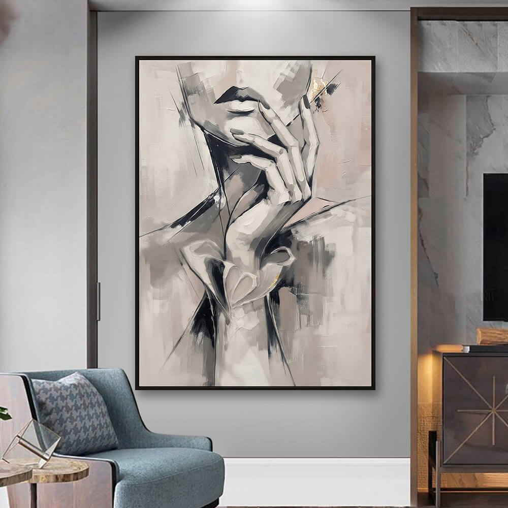 Interior styling view of Silent Grace decorative painting hanging on a neutral gray wall above a modern velvet armchair.
