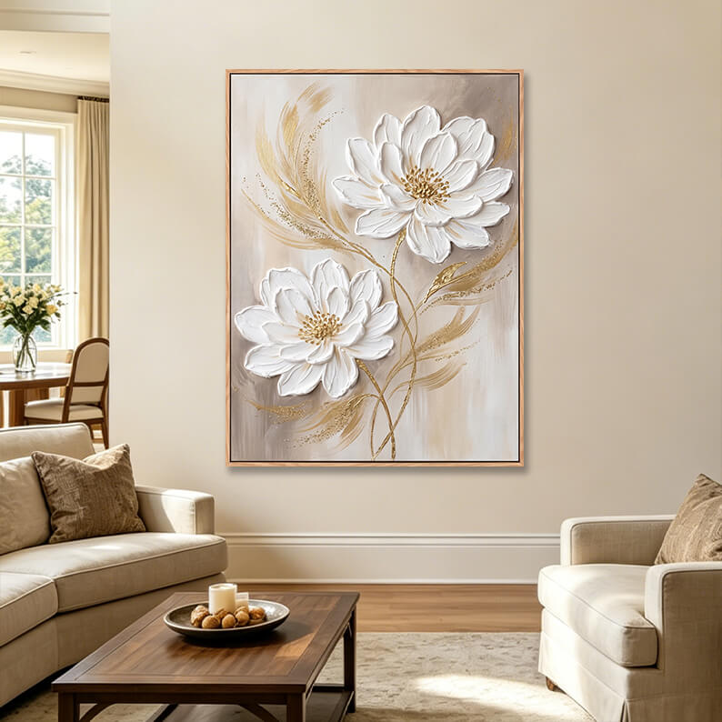 Vertical textured white flower painting with gold accents in elegant living room, heavy impasto canvas above cream sofa