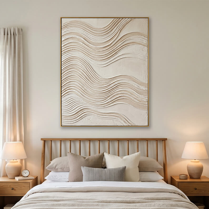 Beige heavy texture layered wave painting hanging over a wooden bed in a modern minimalist bedroom.