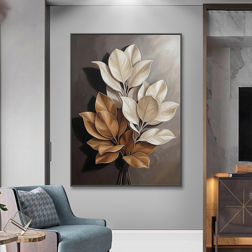 Contemporary neutral foliage oil painting displayed elegantly above wooden floors in a minimalist living room interior.