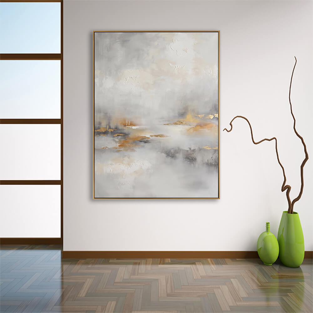 Luxury beige gold abstract canvas wall art hung in minimalist japandi entryway with natural wood flooring