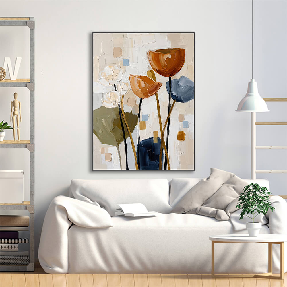 Warm toned tulip artwork arranged above linen sofa for casual living room styling
