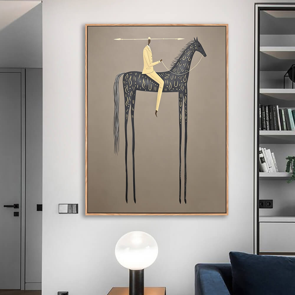 Stylized long leg horse painting installed along corridor with ceiling spotlights