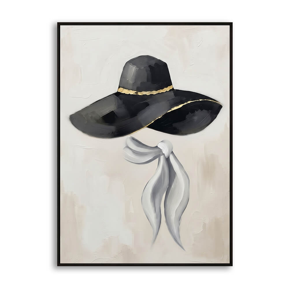 Studio front view showcasing Noir Silhouette, an original 100% hand-painted fashion canvas artwork featuring a chic black hat with gold trim and a flowing grey scarf.
