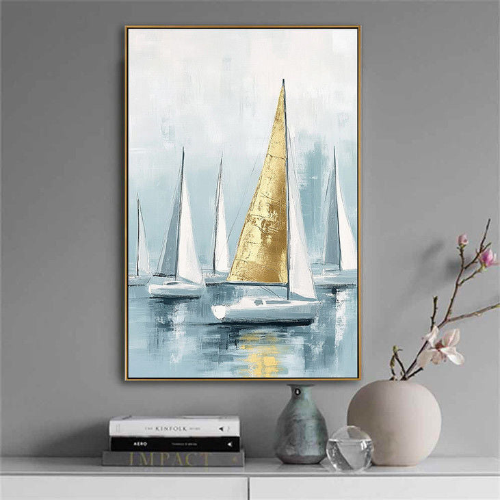 Gold Sailboat Canvas Wall Art #YX87