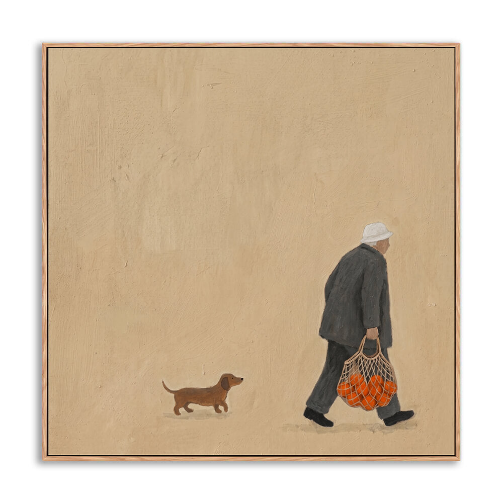 Hand painted minimalist scene of old man carrying oranges in net bag walking with dachshund dog