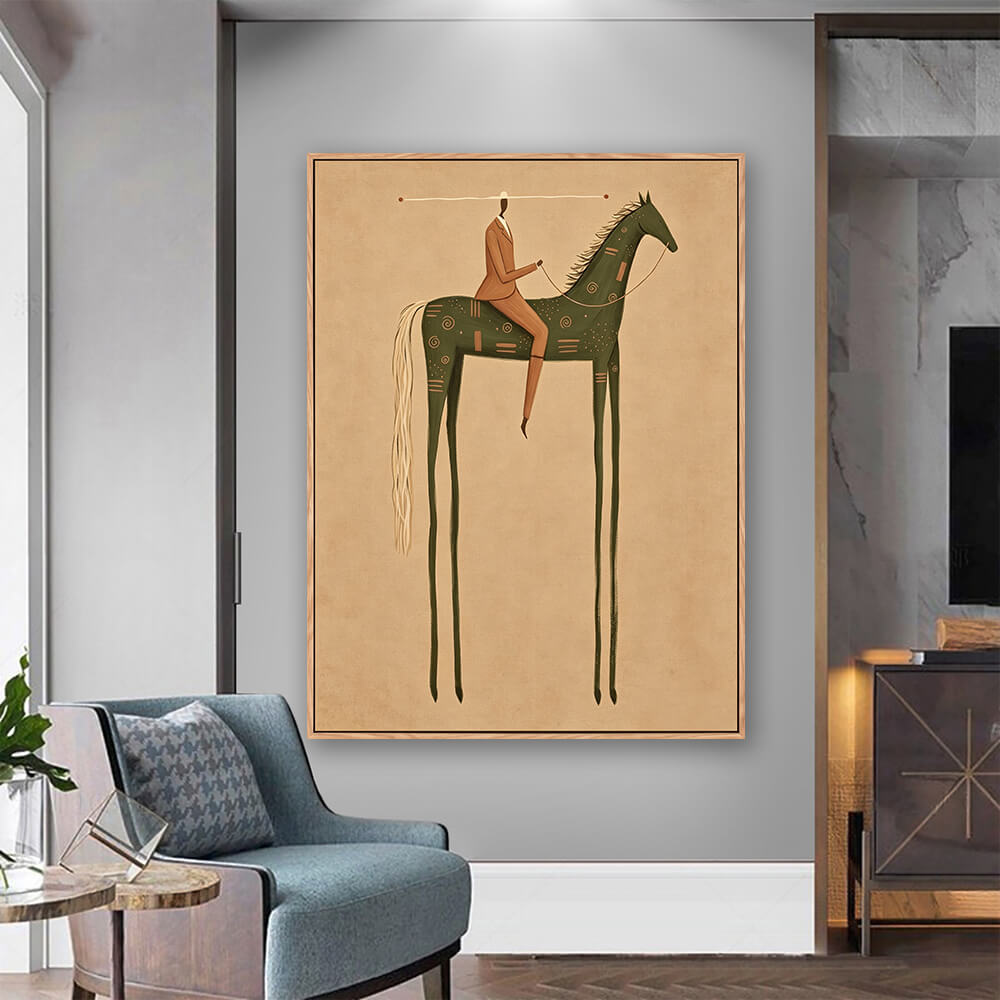 Framed surreal equestrian canvas mounted beside bathroom vanity