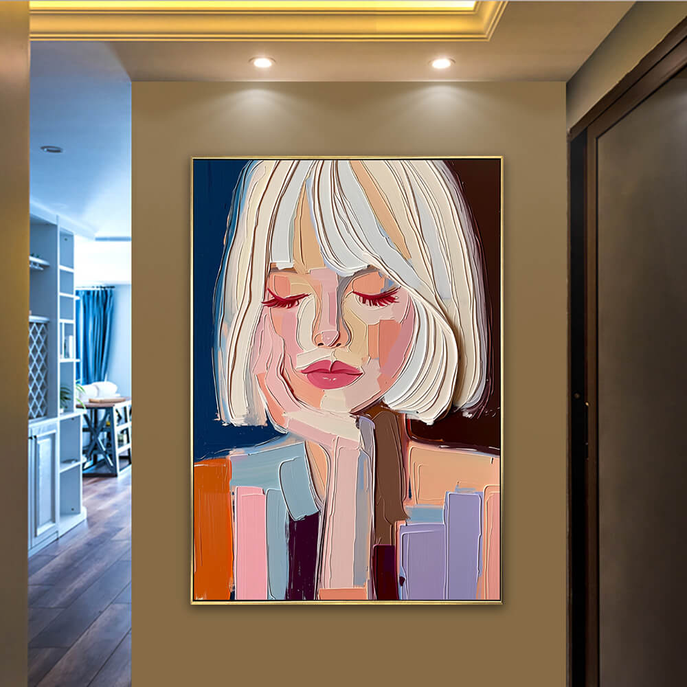 Original hand-painted abstract woman art piece mounted securely in a warm lit hallway interior design.