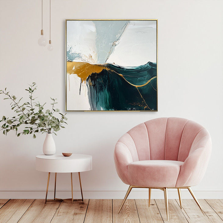 Modern Teal & Gold Abstract Canvas Painting #YX148