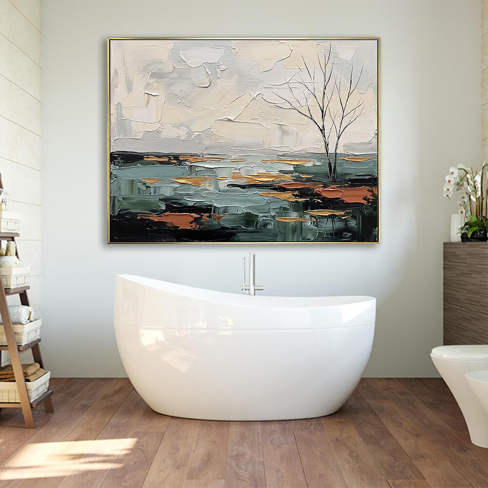 Hand-painted teal abstract landscape canvas wall art hung above a freestanding bathtub in a modern bathroom with wood flooring