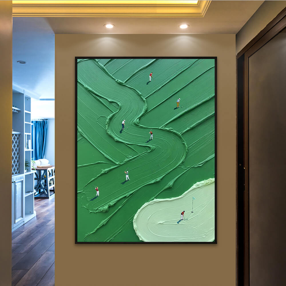 Interior styling view of Emerald Fairway palette knife golf decor hanging in a warm hallway entrance.