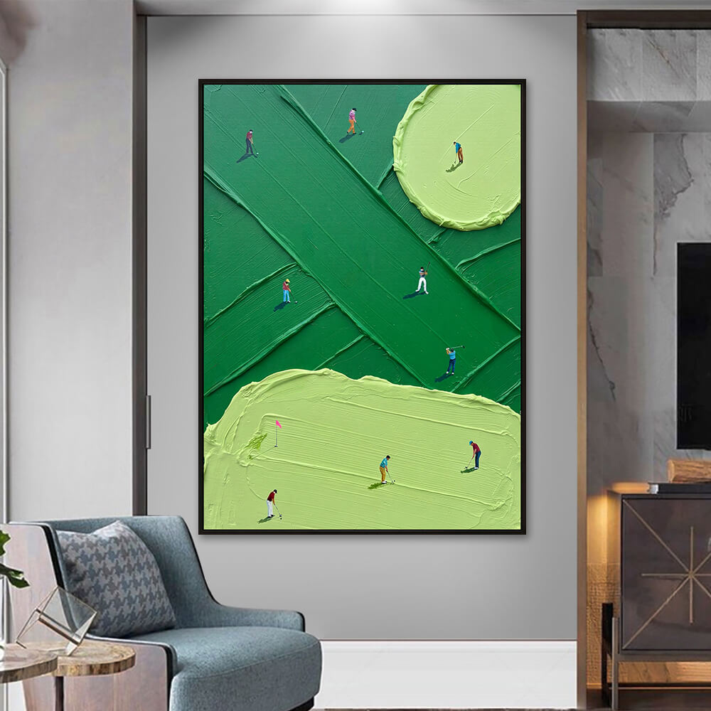 Interior styling view of Emerald Fairway textured green golf art decorative painting hanging on a neutral wall next to a modern armchair.