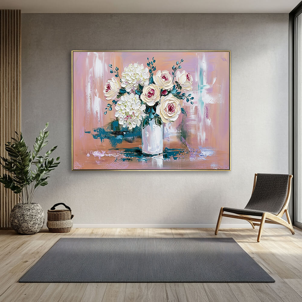 Romantic hand-painted floral canvas painting in muted grey modern living room with wooden accent chair and green foliage plant