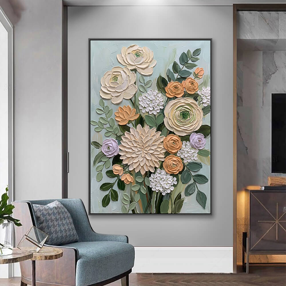 Vertical floral canvas hung in entryway beside upholstered accent chair