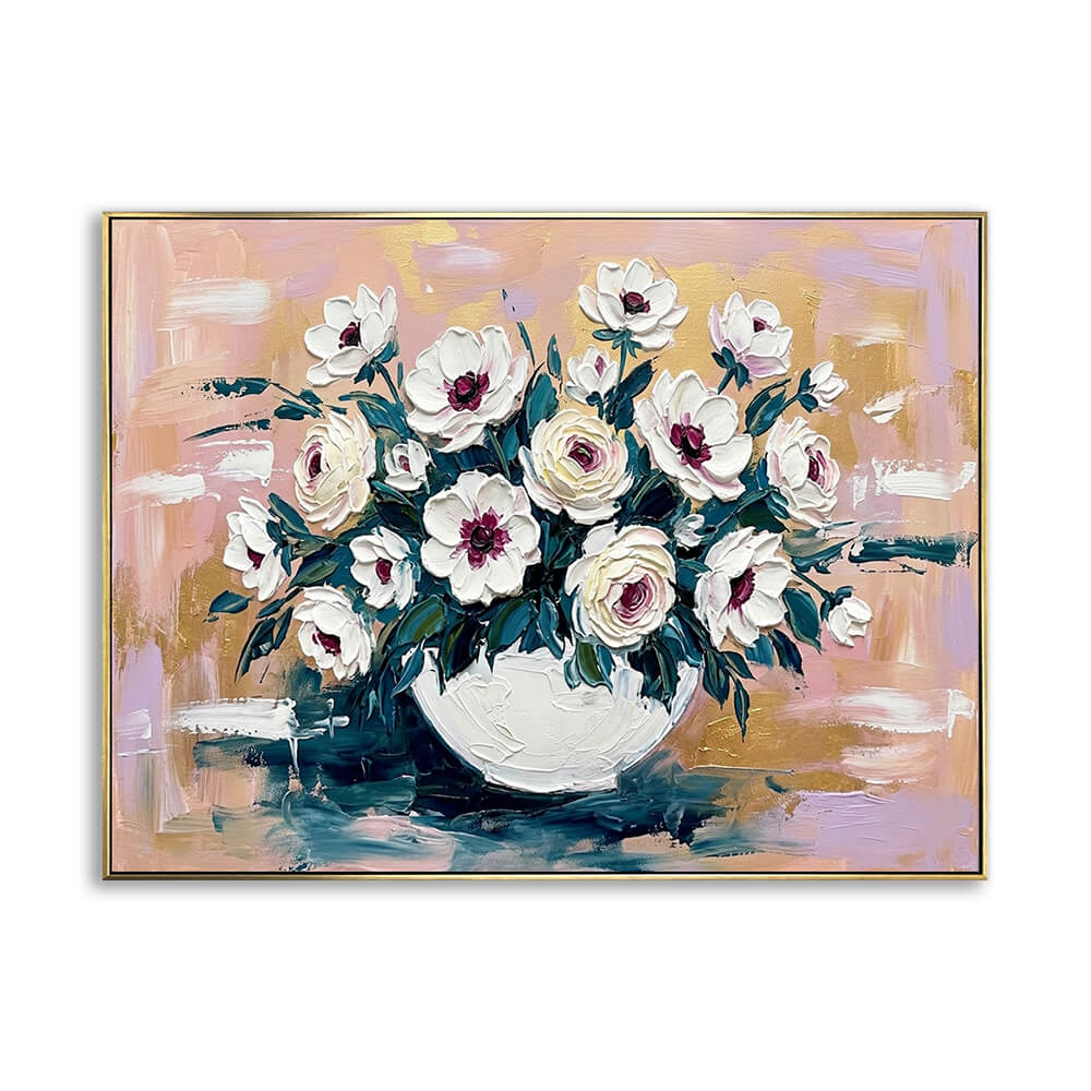 Hand-painted gold blush floral canvas wall art, white peonies and roses in white vase, heavy impasto palette knife texture, thin gold frame, isolated white background