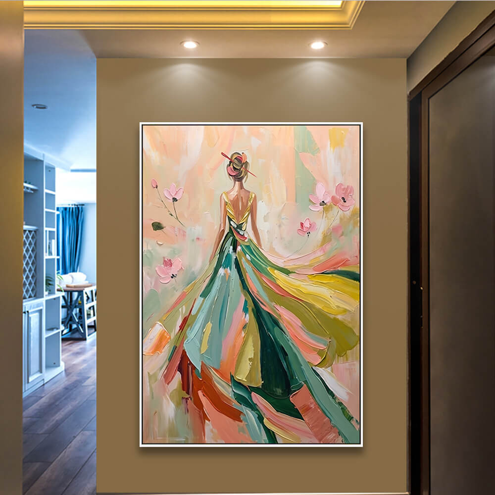 Flowing dress figurative painting installed along corridor with ceiling spotlights