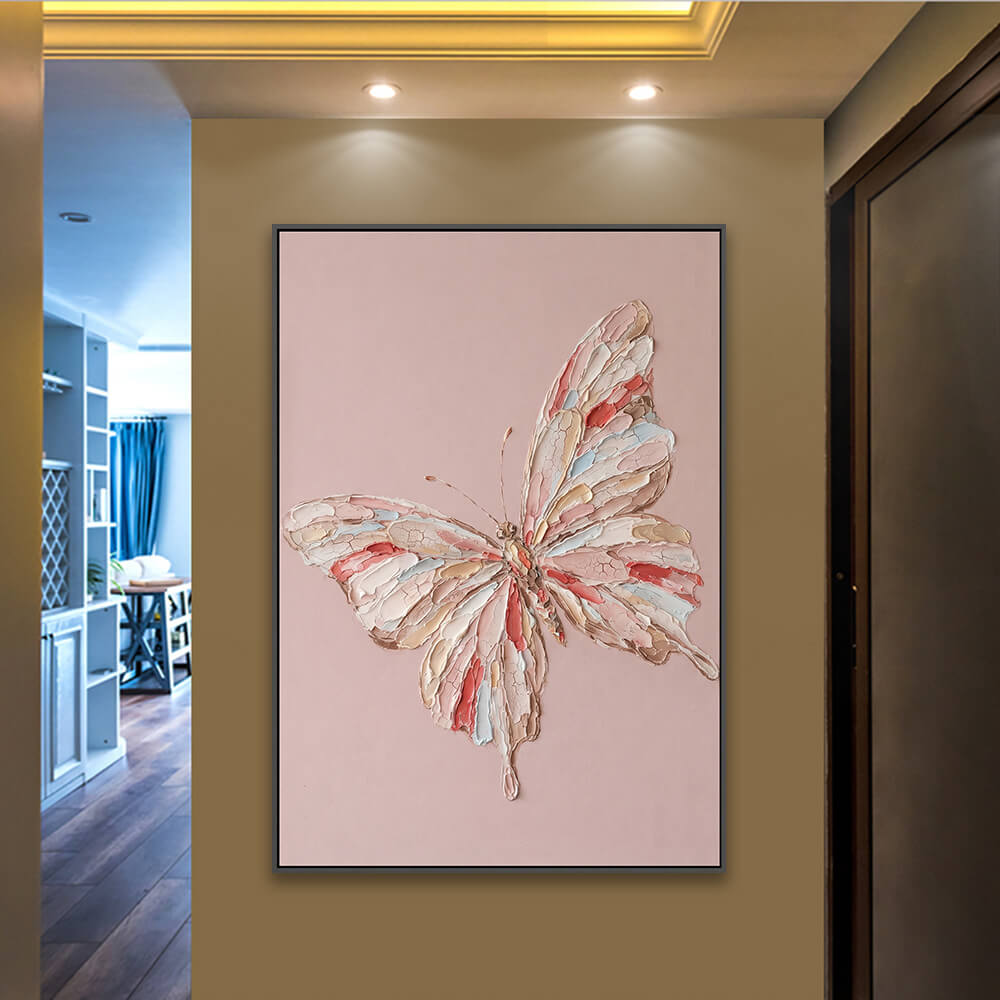 Textured butterfly painting installed along corridor with ceiling spotlights