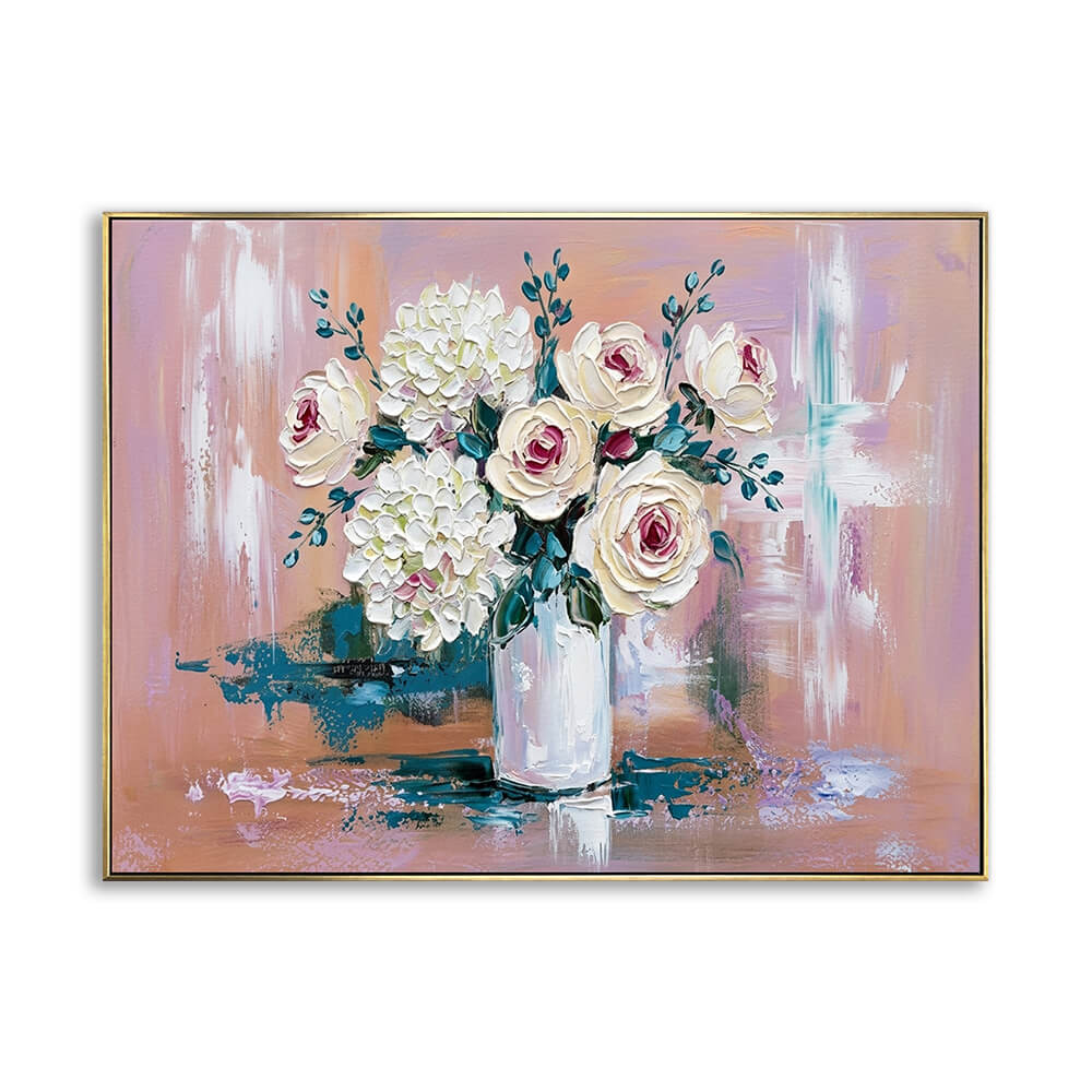 Hand-painted pink abstract floral canvas wall art, white roses and hydrangeas in white vase, thick impasto palette knife texture, thin gold frame, isolated white background