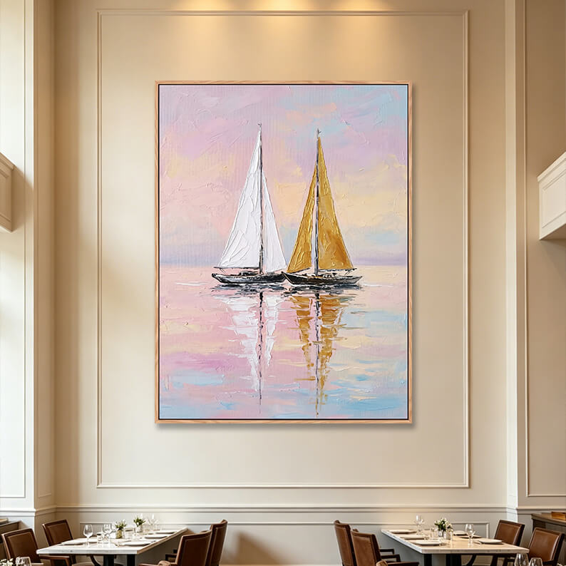 Large vertical pink sunset sailboat seascape painting with two boats and water reflection, heavy 3D impasto texture, dreamy coastal artwork