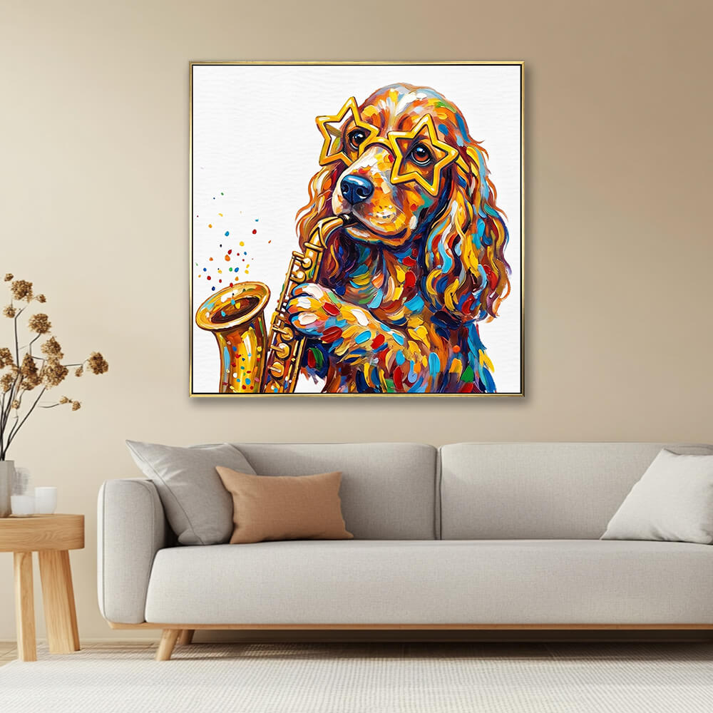 Bold multicolor cocker spaniel jazz dog painting in warm neutral minimalist living room