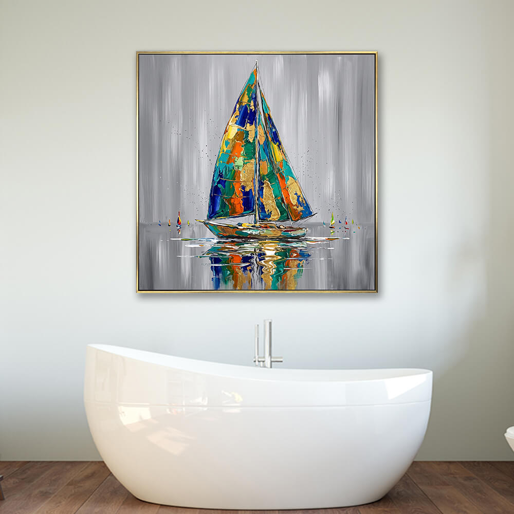 Framed gold colorful sailboat abstract seascape wall art hung above modern freestanding bathtub