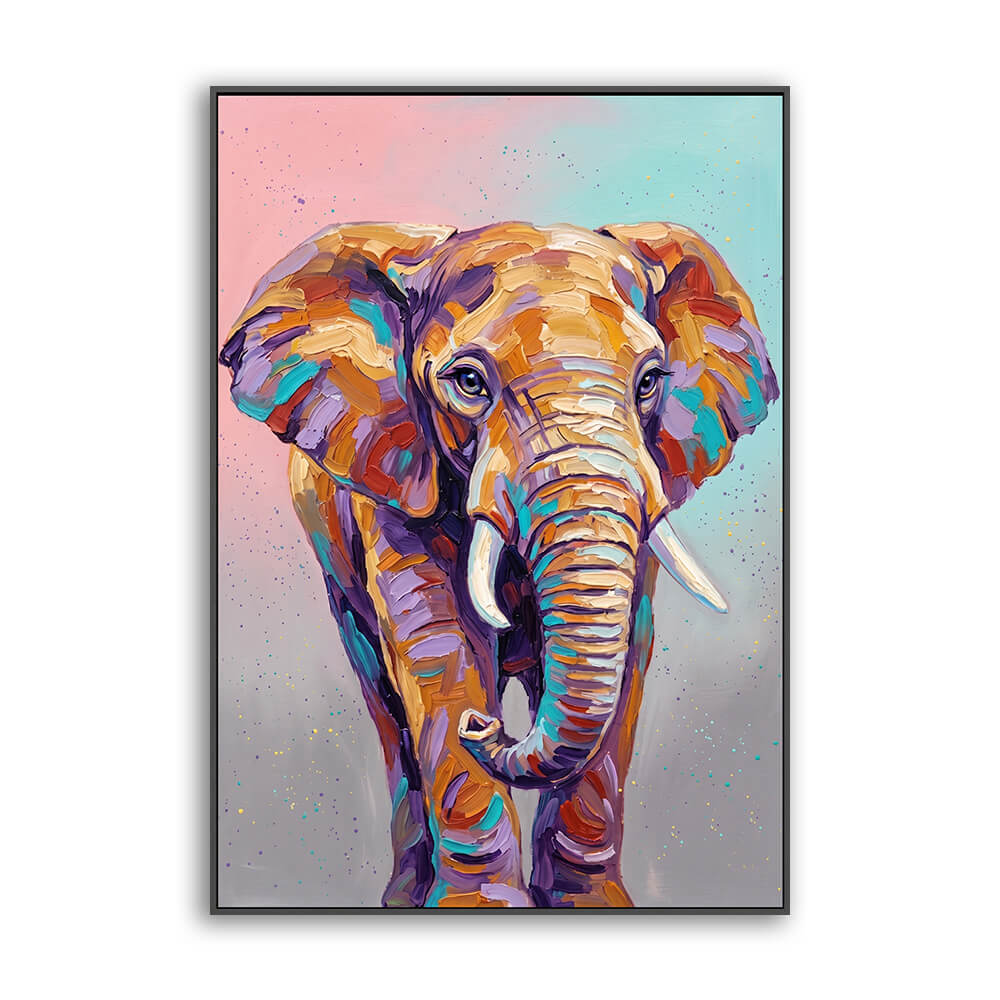 Vertical hand painted canvas, palette knife colorful elephant portrait, gradient pastel background, soft layered brushwork