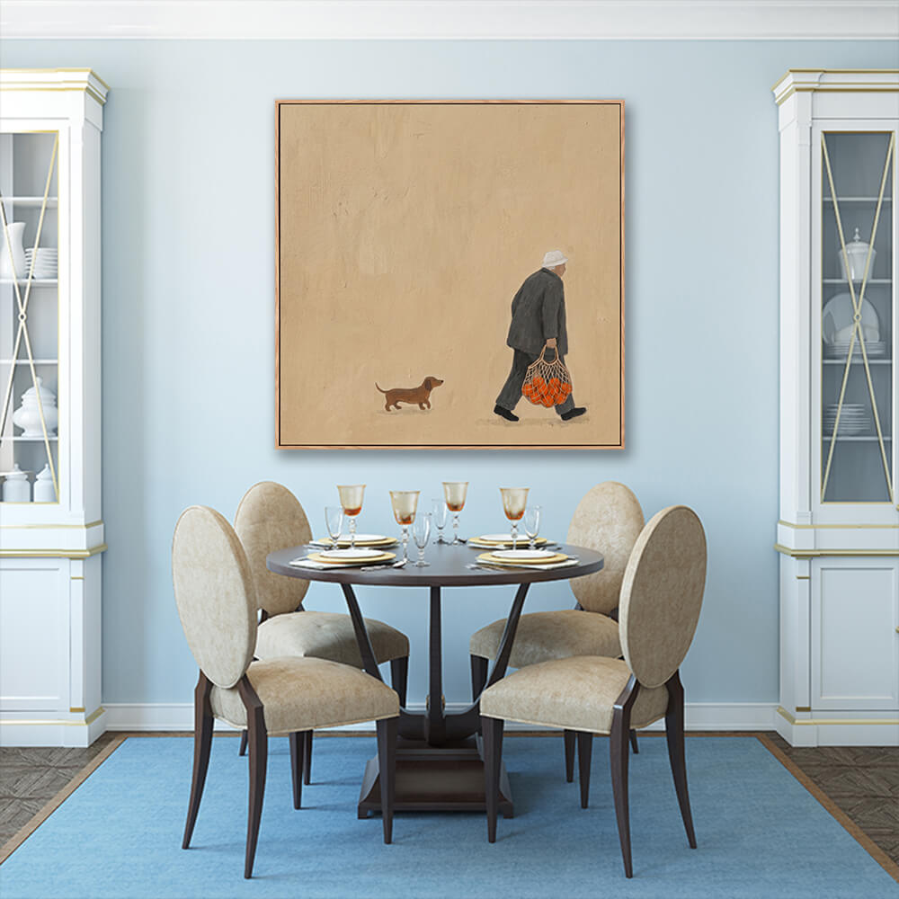 Minimalist old man with oranges artwork in elegant formal dining room interior