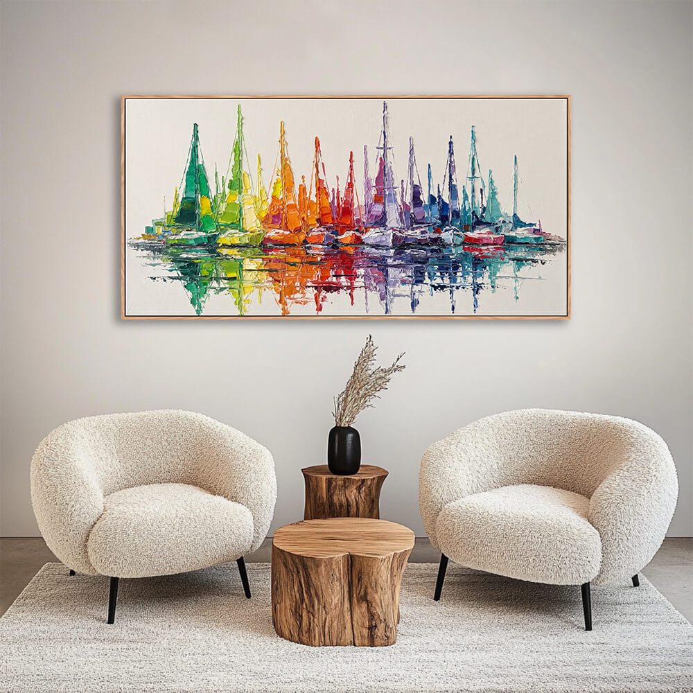 Hand painted harbor sailboat canvas displayed in cozy lounge seating zone with solid wood coffee table