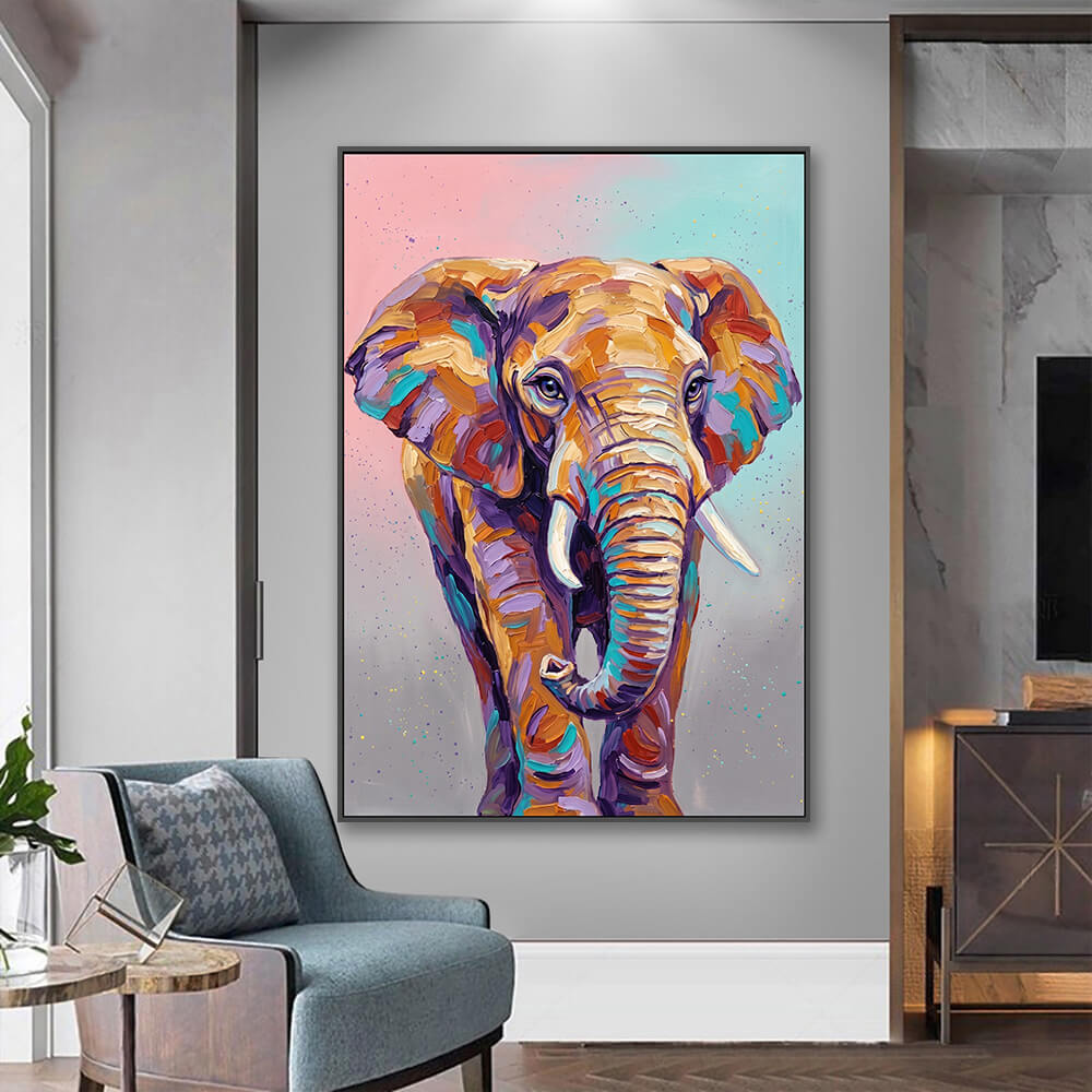Vertical wildlife canvas hung inside entryway beside upholstered accent chair