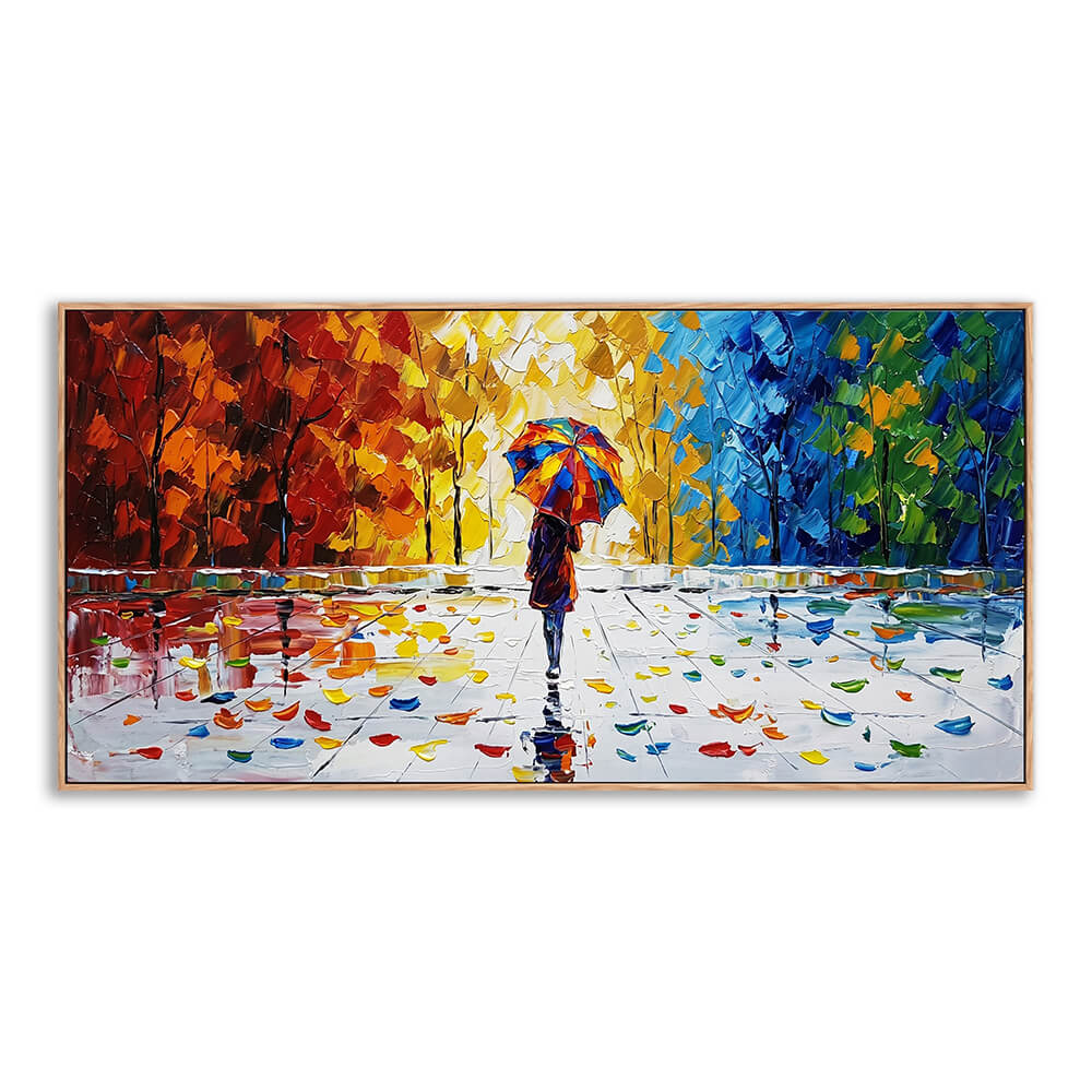 Close-up of a hand-painted palette knife abstract landscape canvas featuring a colorful rainbow umbrella and wet reflections on rain-slicked pavement.