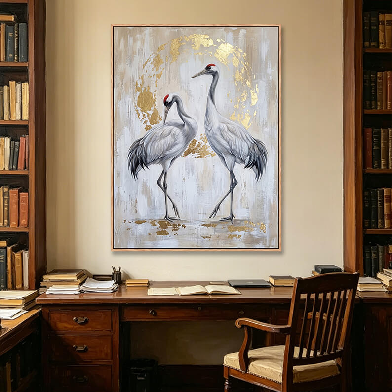 Two red-crowned cranes painting with gold foil accents and halo circle, textured beige background, elegant hand-painted luxury bird artwork