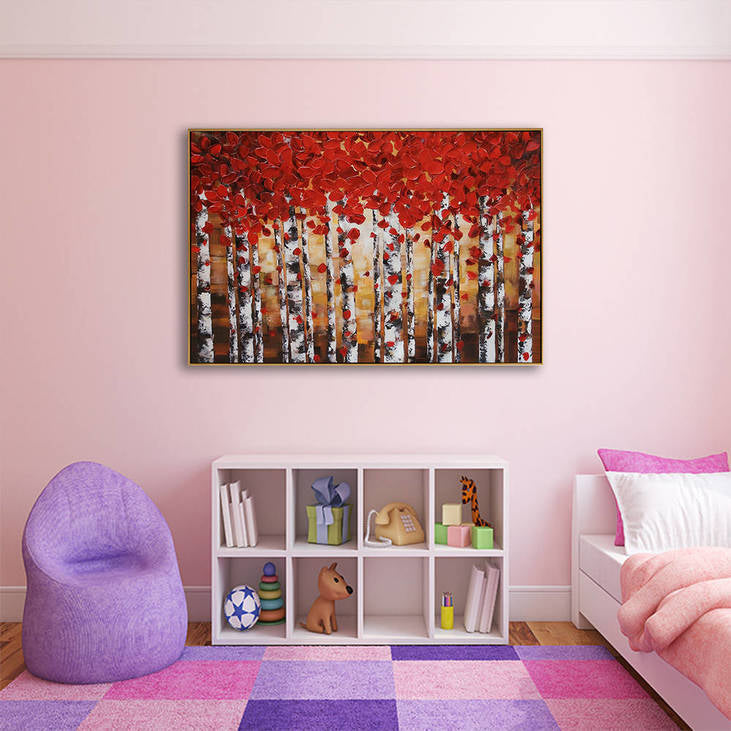 Handmade Birch Forest Red Leaf Canvas Painting #YX359