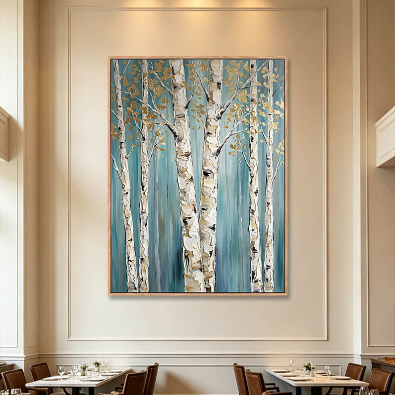 Large vertical 3D textured birch tree forest painting on teal background in fine dining restaurant, gold accented nature impasto canvas