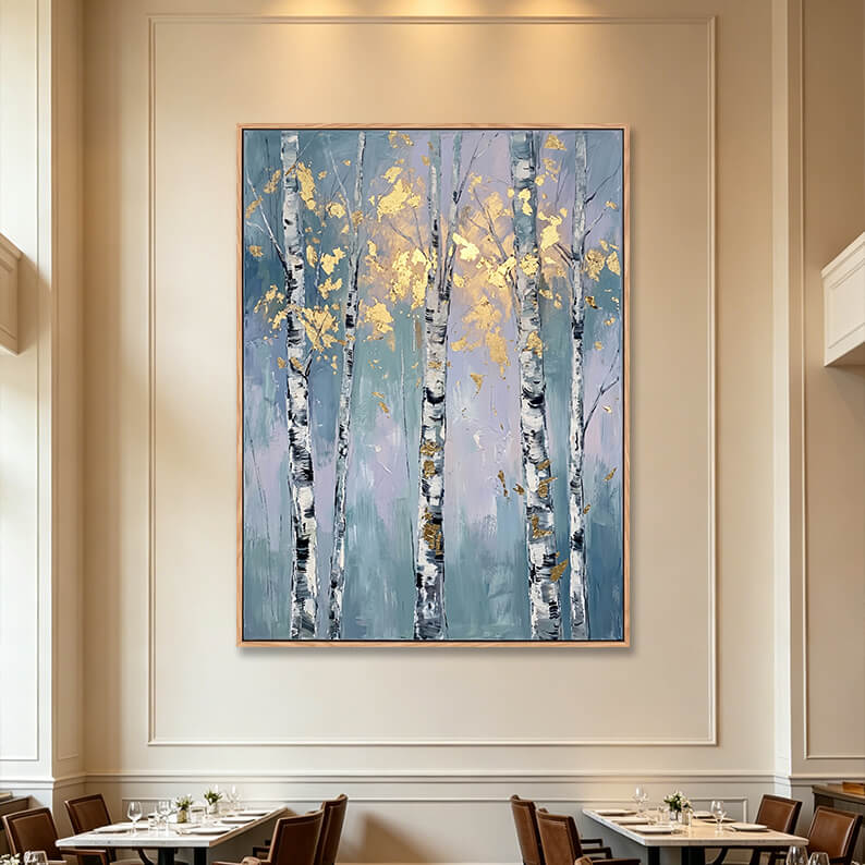 Large vertical 3D textured misty birch forest painting on blue-purple background in fine dining restaurant, gold accented nature impasto canvas