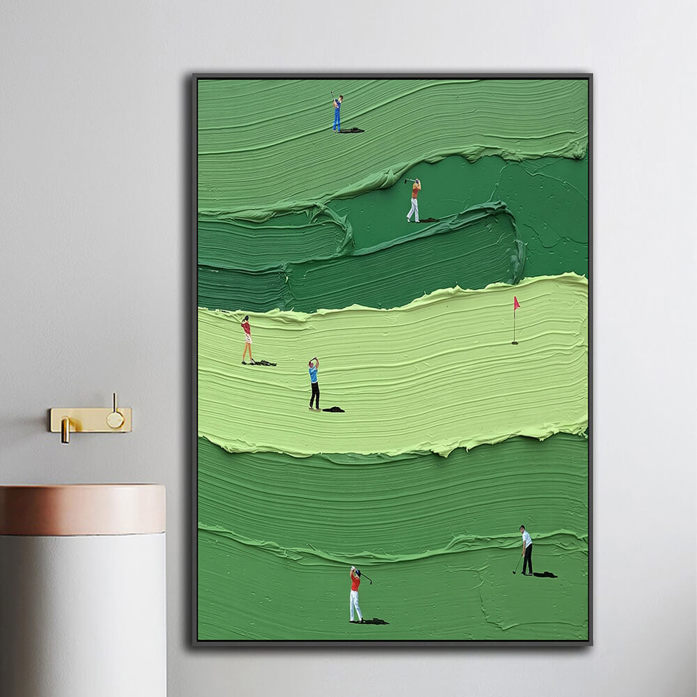 Framed tiered golf course hand painting mounted on hallway wall beside bathroom fixtures