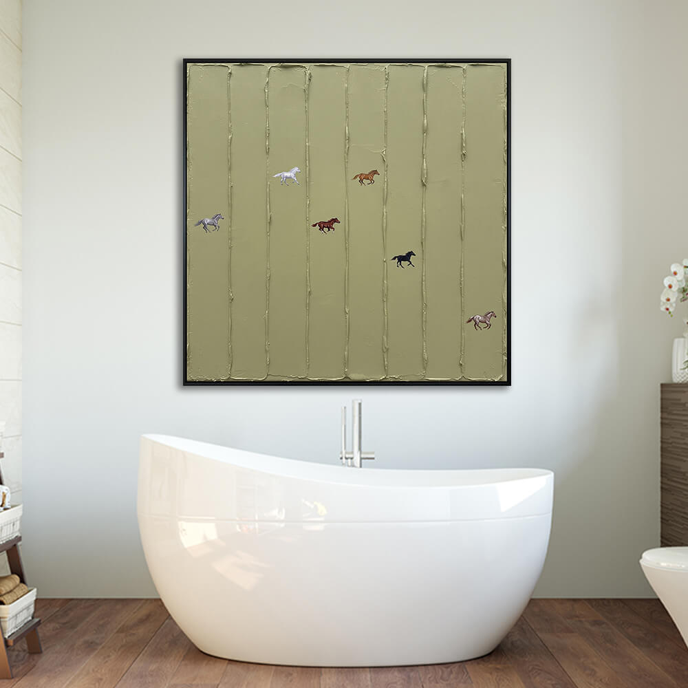 Interior styling view of Wild Meadow Run hanging in a luxurious modern bathroom above a white freestanding bathtub.