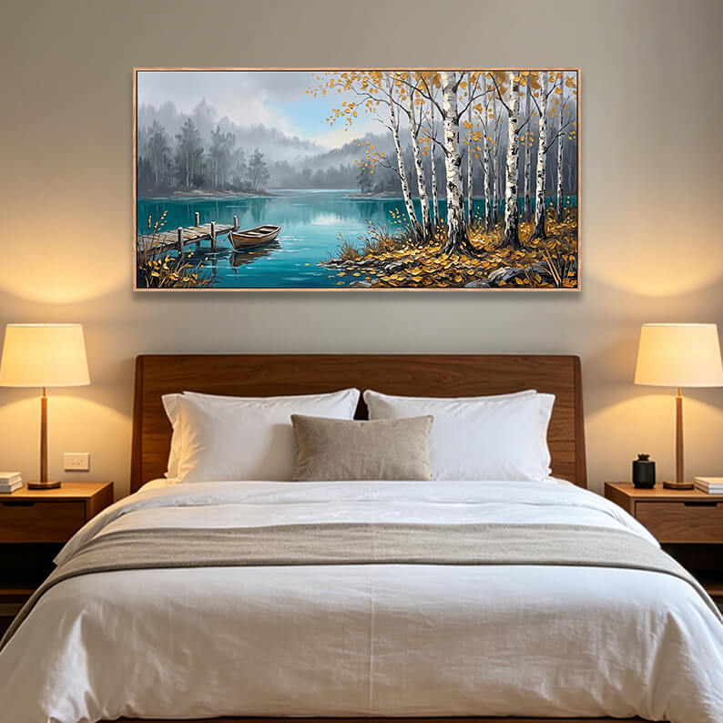 Hand painted autumn lake landscape with birch trees, wooden rowboat at pier, golden foliage with impasto texture, misty forest hills background, peaceful nature artwork for interior decoration