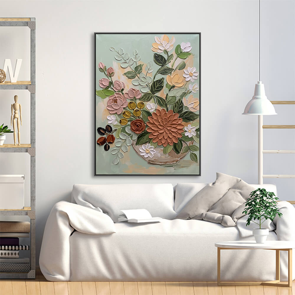 Earthy tone bouquet artwork arranged above linen sofa for farmhouse living room styling