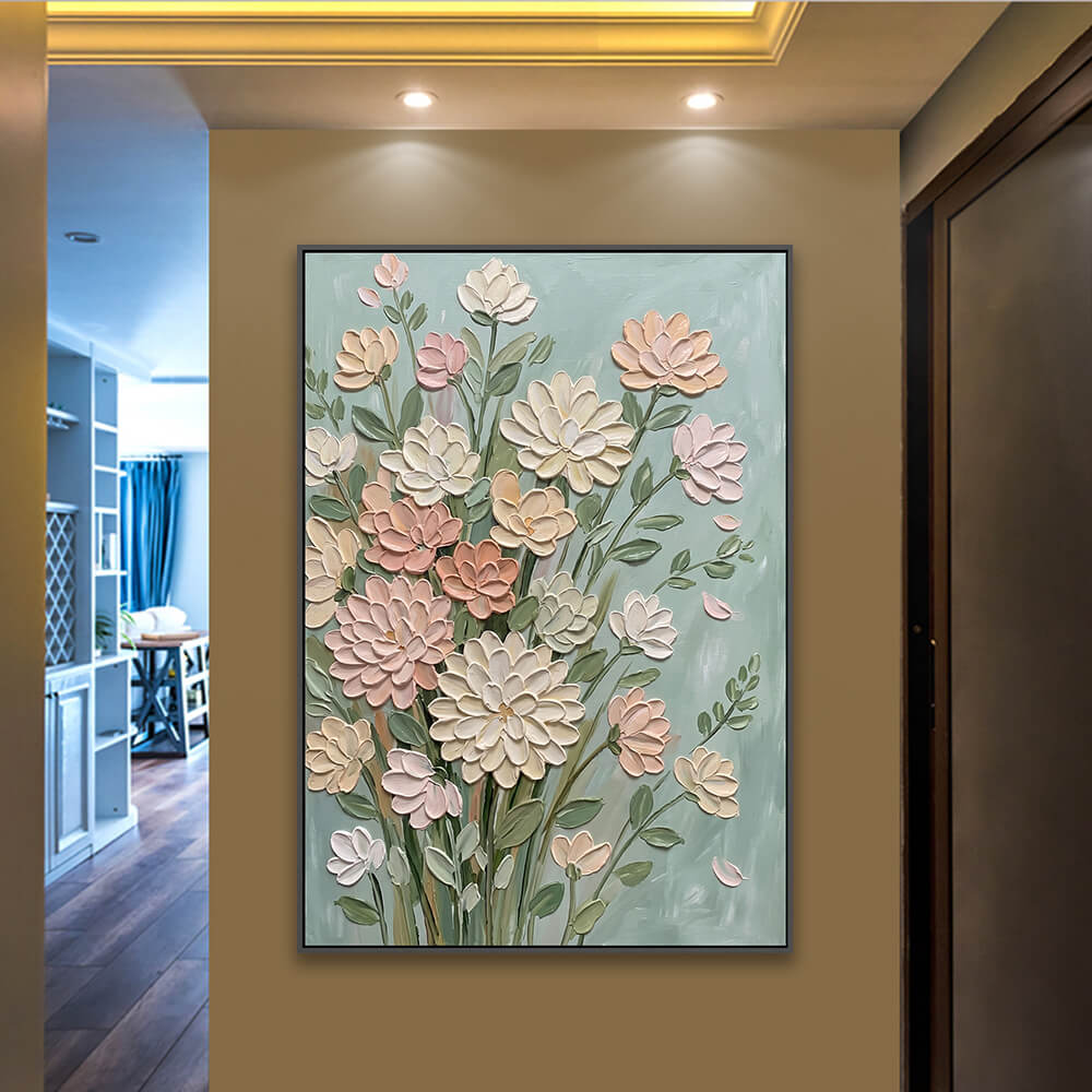 Textured dahlia artwork installed along corridor with recessed ceiling spotlights