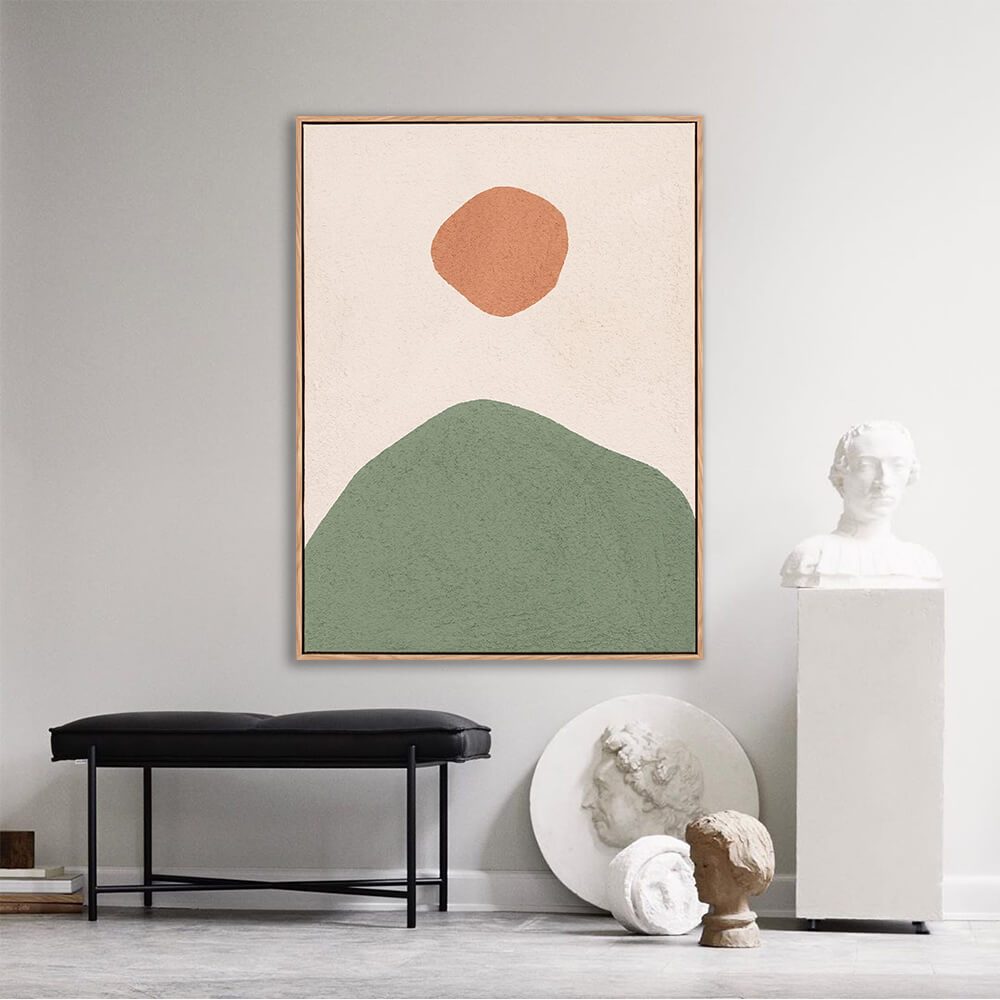 Sage green hill and terracotta sun abstract painting with textured surface, creamy beige background, minimalist hand-painted landscape artwork