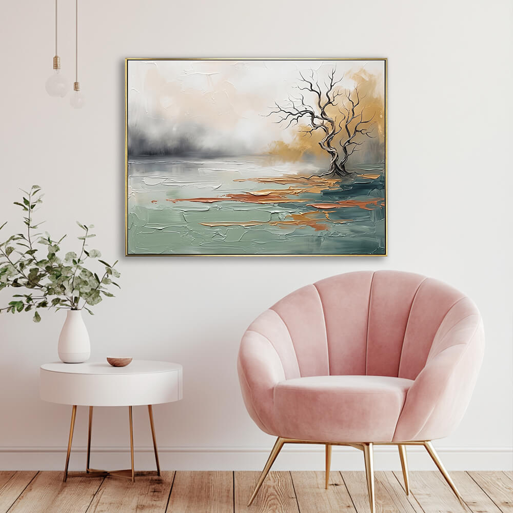 Hand-painted sage green landscape canvas painting in an elegant living room with a blush pink velvet accent chair and gold legs