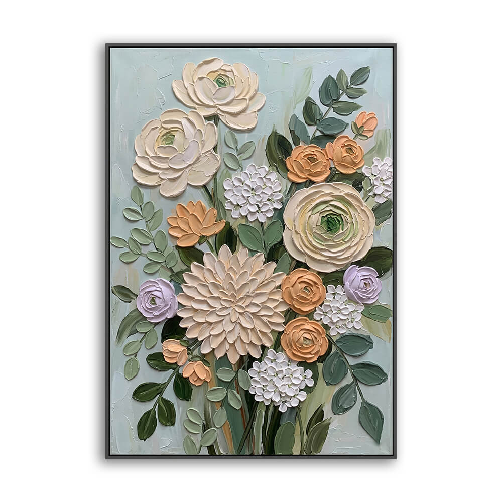 Vertical hand painted floral canvas, textured mixed bouquet of ranunculus, dahlia, hydrangea on pale seafoam background, soft layered brushwork