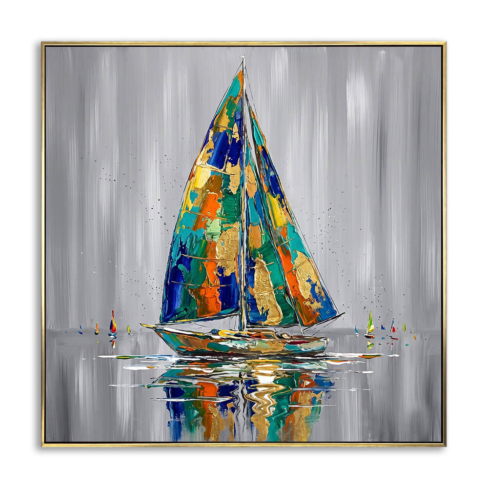 Hand painted abstract seascape canvas with colorful gold foil sailboat, reflective water, tiny mini sailboats, grey vertical brush background, layered decorative pigment