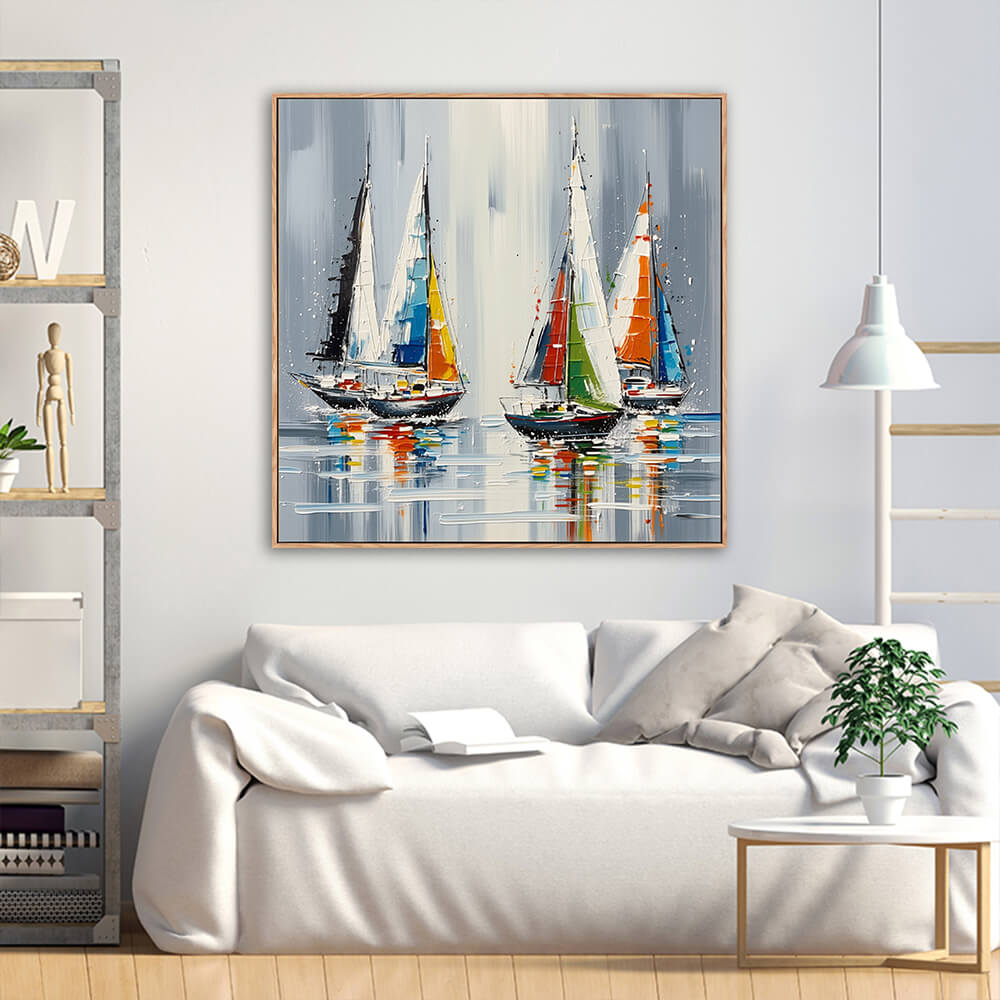 Dynamic hand-painted sailboat canvas displayed above soft white linen sofa with industrial metal wood shelf and green foliage plant in bright living room