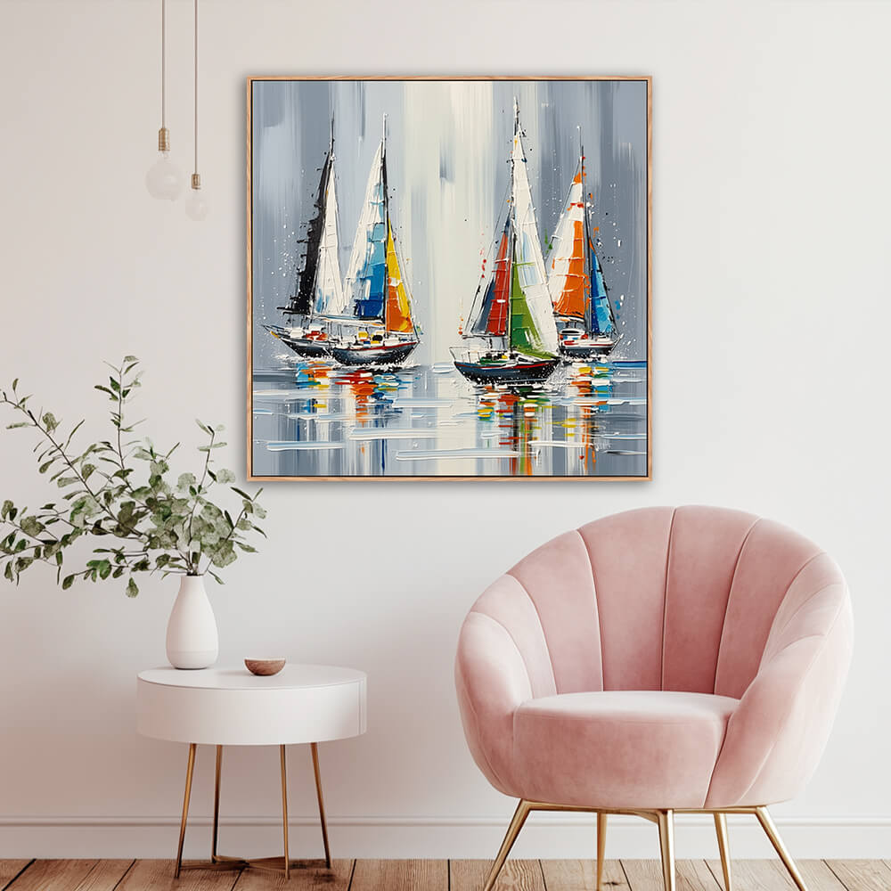 Hand-painted colorful sailboat seascape canvas wall art in neutral dining room interior with wooden dining table and soft ambient lighting