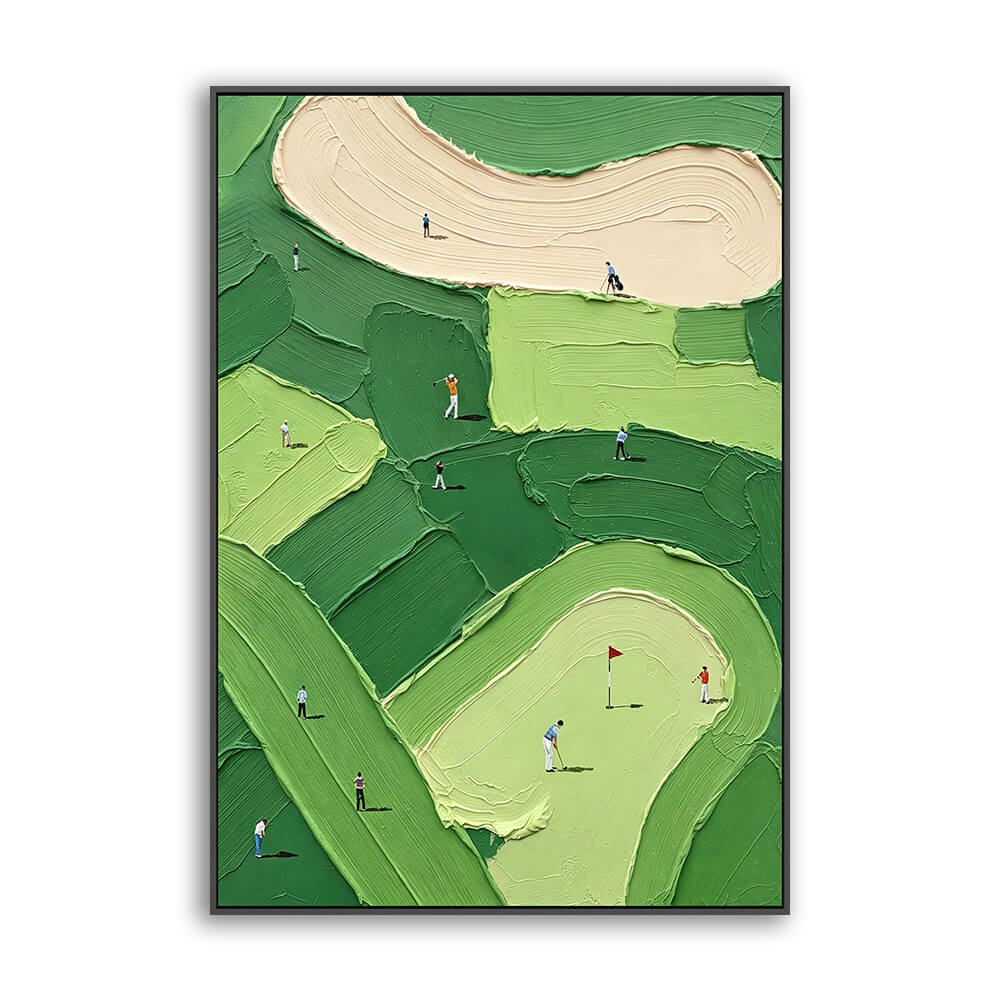 Vertical hand painted landscape canvas, aerial view of curved golf fairway, sand bunkers, putting greens and golfers, soft layered brushwork, multi green palette